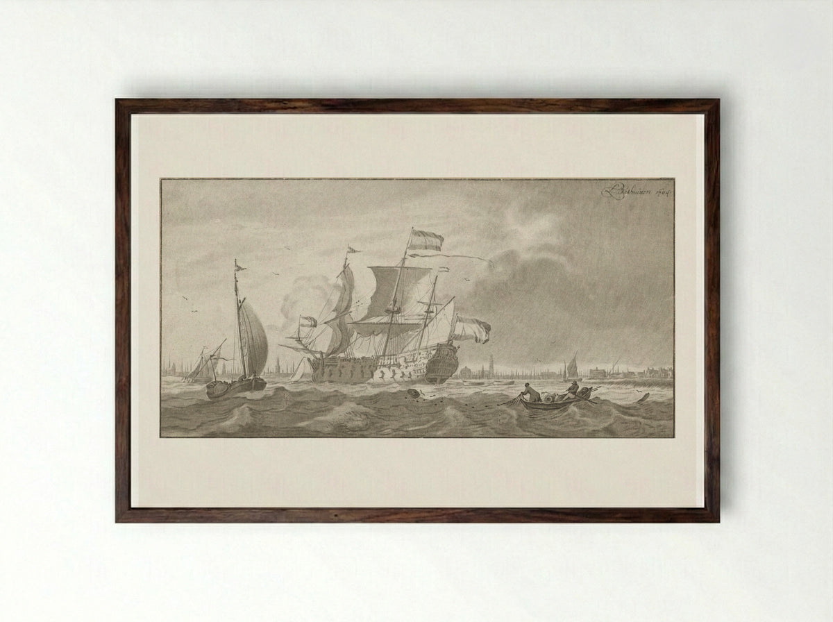 Oorlogsschip op het IJ - Cornelis Ploos van Amstel - Framed Print Dark Wood