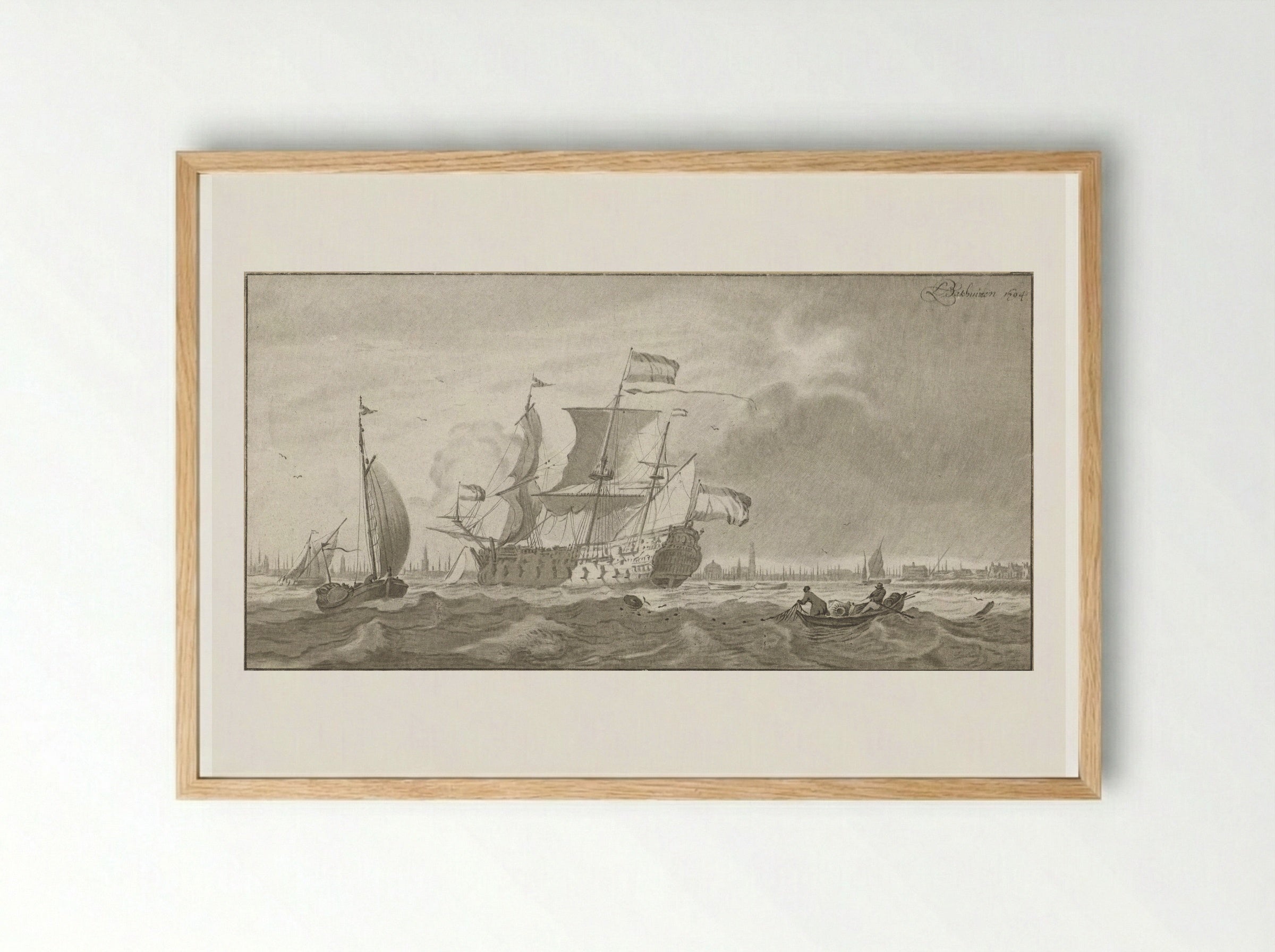 Oorlogsschip op het IJ - Cornelis Ploos van Amstel - Framed Print Wood
