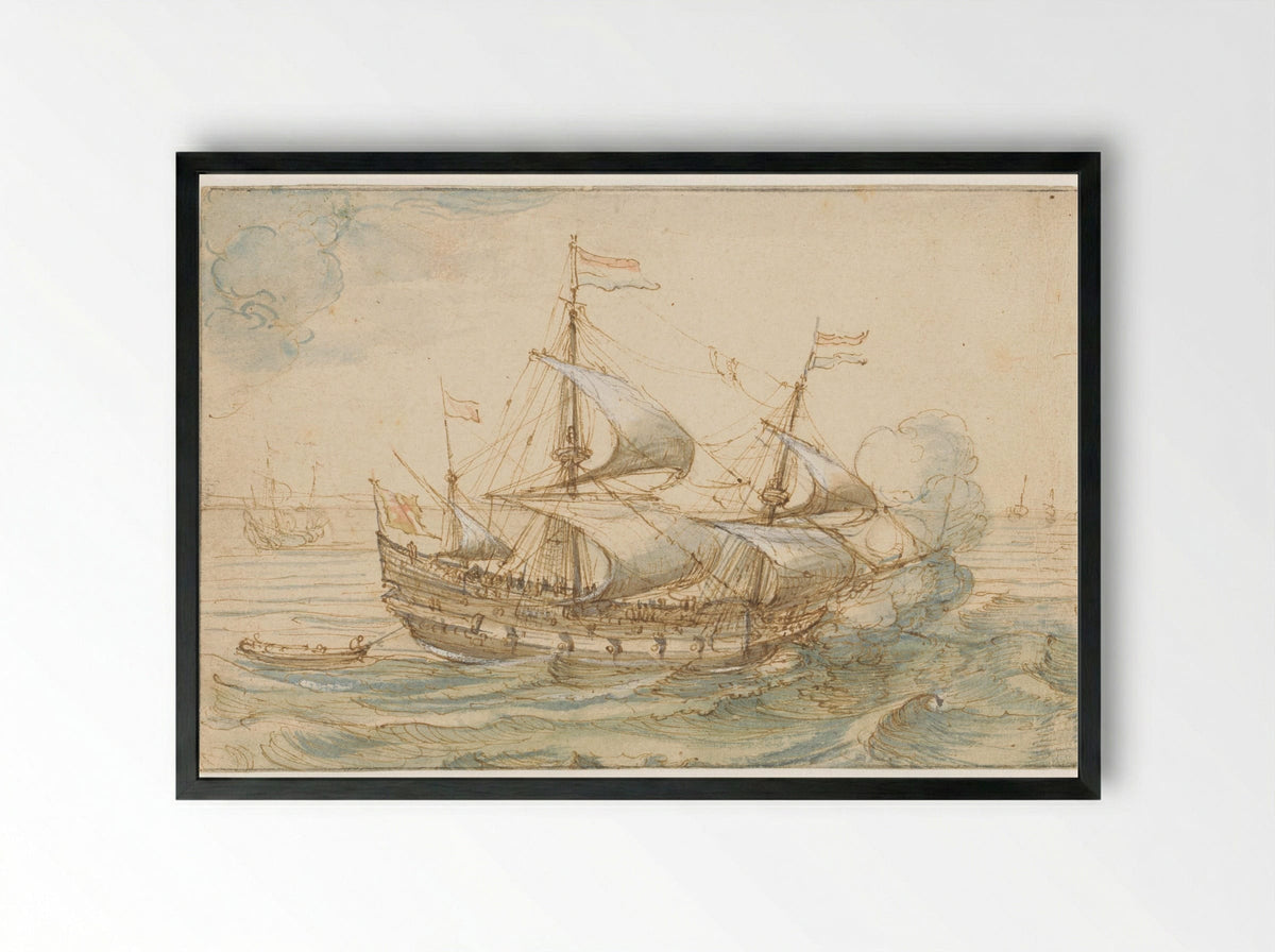 Oorlogsschip op zee - Hendrik Cornelisz. Vroom - Framed Print Black