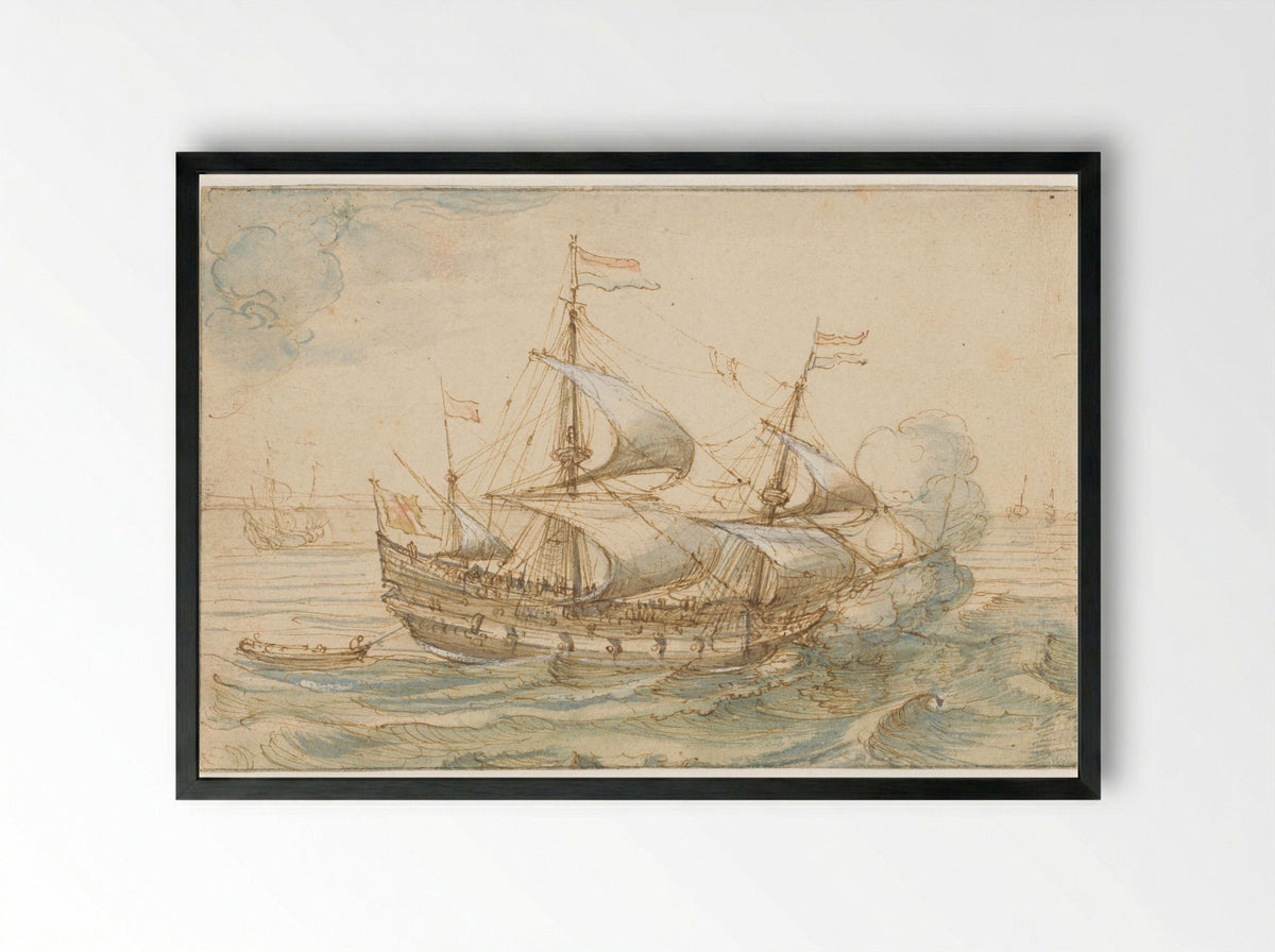 Oorlogsschip op zee - Hendrik Cornelisz. Vroom - Framed Print Black