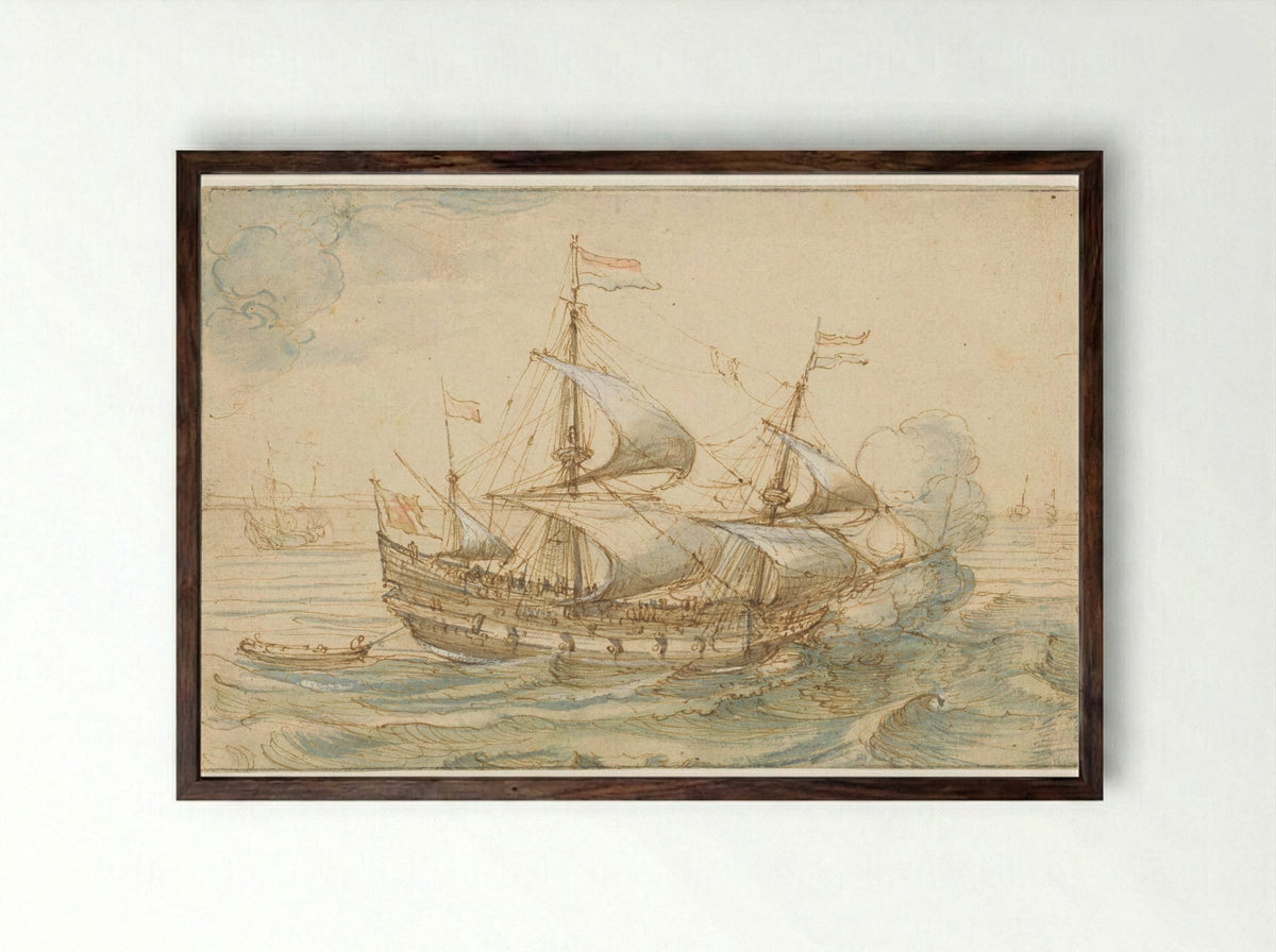 Oorlogsschip op zee - Hendrik Cornelisz. Vroom - Framed Print Dark Wood