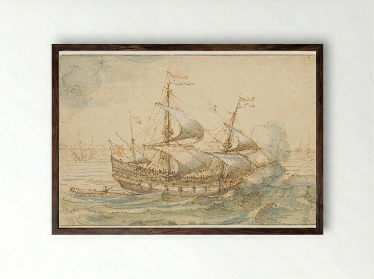 Oorlogsschip op zee - Hendrik Cornelisz. Vroom - Framed Print Dark Wood