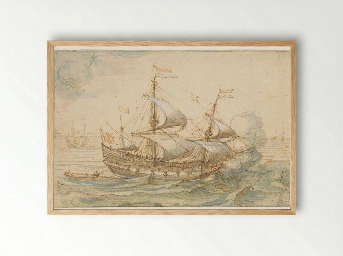 Oorlogsschip op zee - Hendrik Cornelisz. Vroom - Framed Print Wood