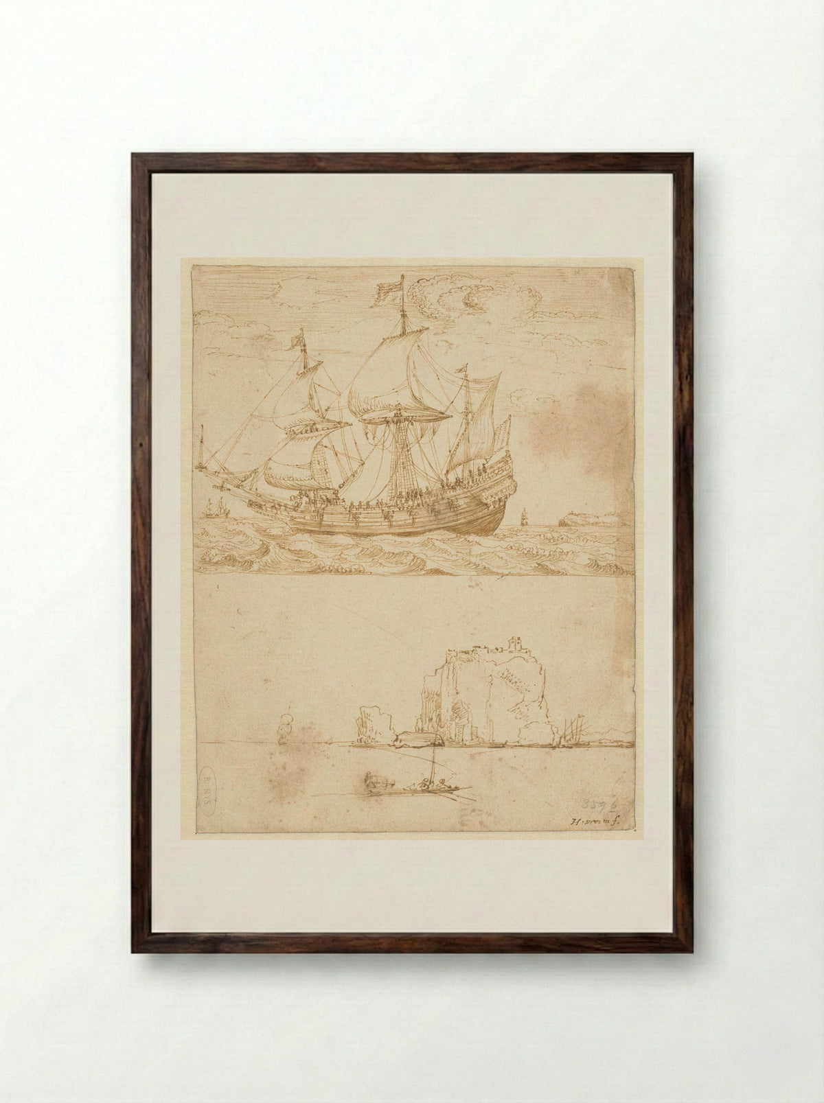 Oost-Indiëvaarder en zeegezicht met rots - Hendrik Cornelisz. Vroom - Framed Print Dark Wood