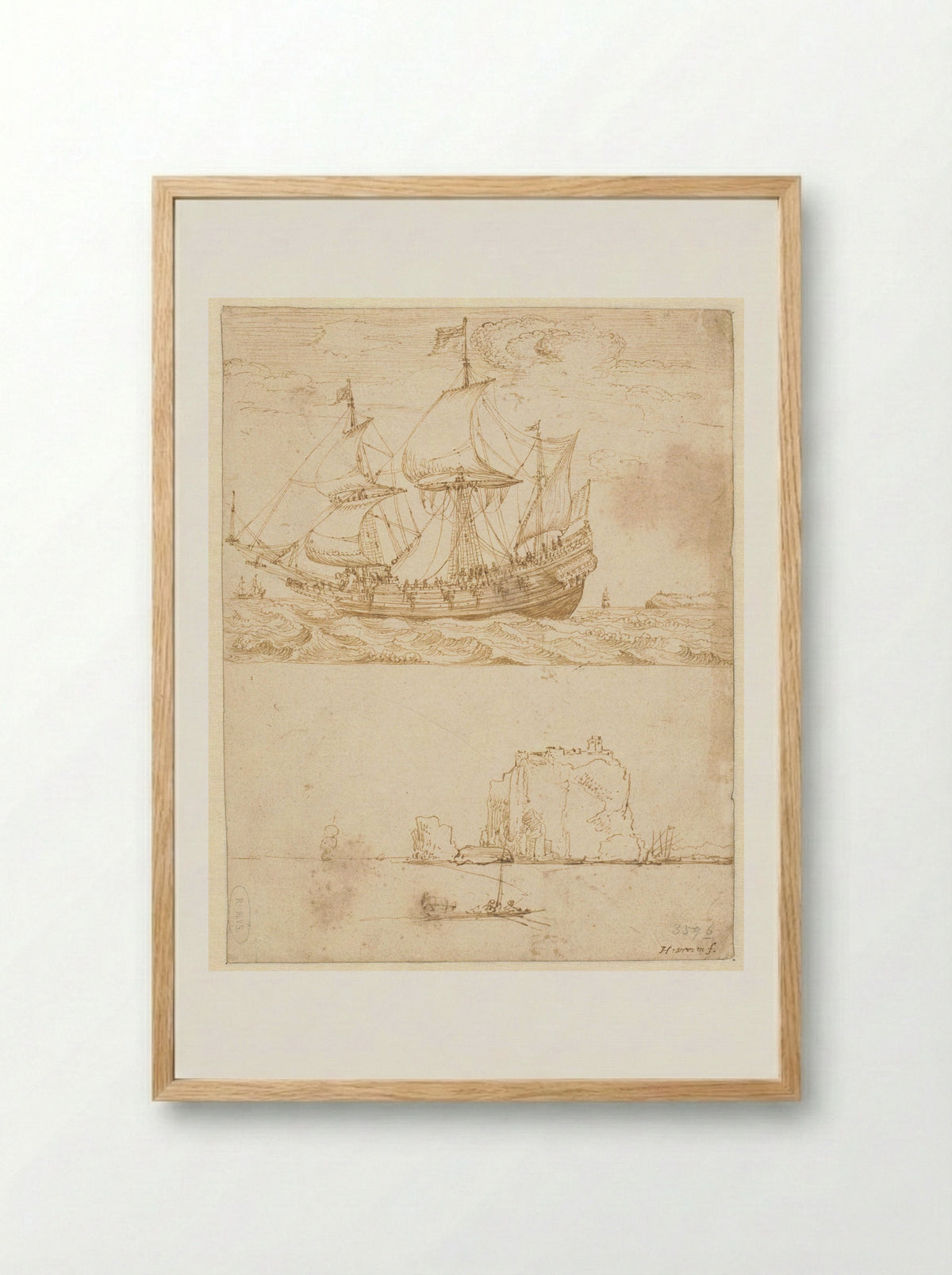 Oost-Indiëvaarder en zeegezicht met rots - Hendrik Cornelisz. Vroom - Framed Print Wood
