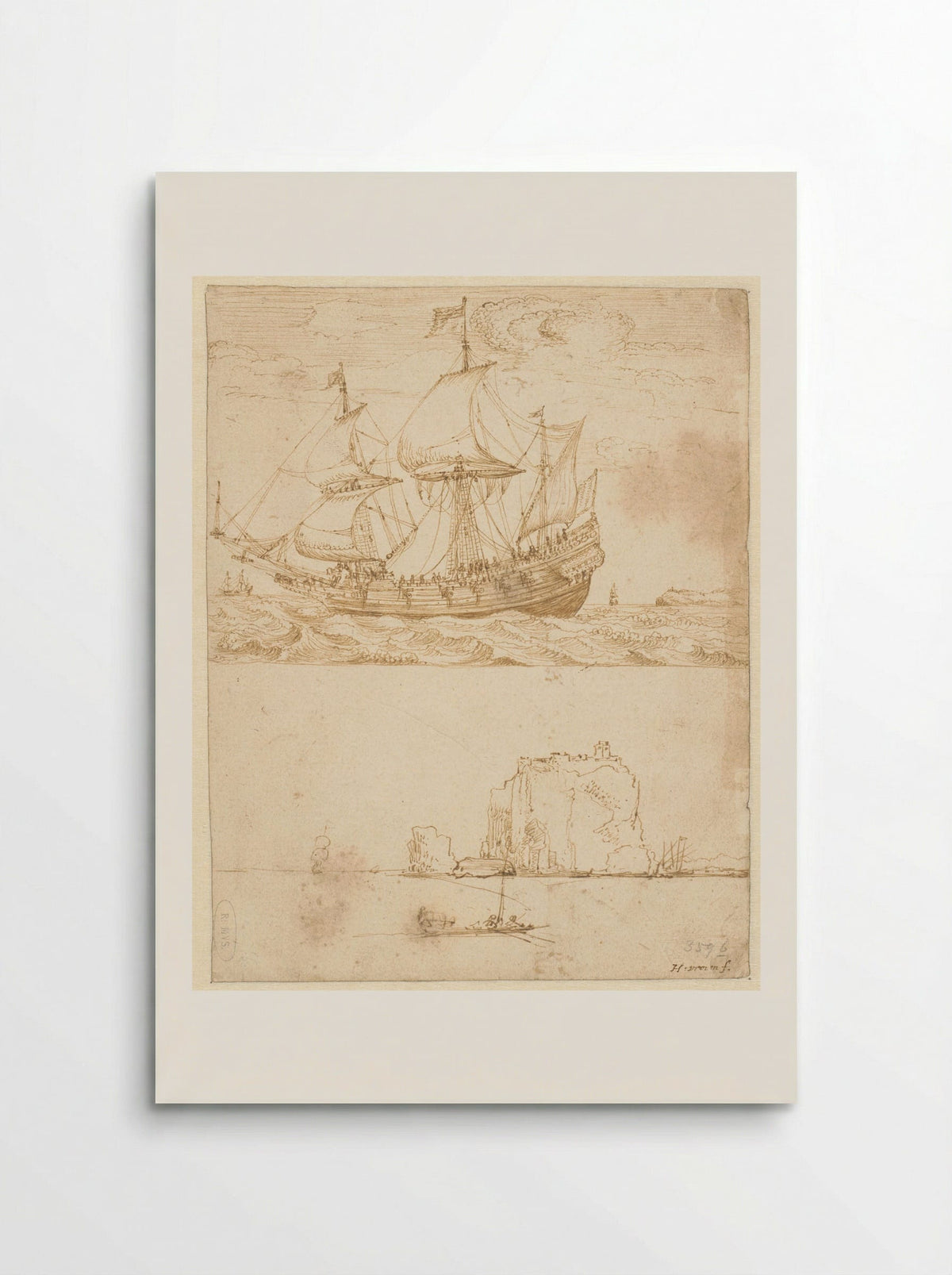 Oost-Indiëvaarder en zeegezicht met rots - Hendrik Cornelisz. Vroom - Poster