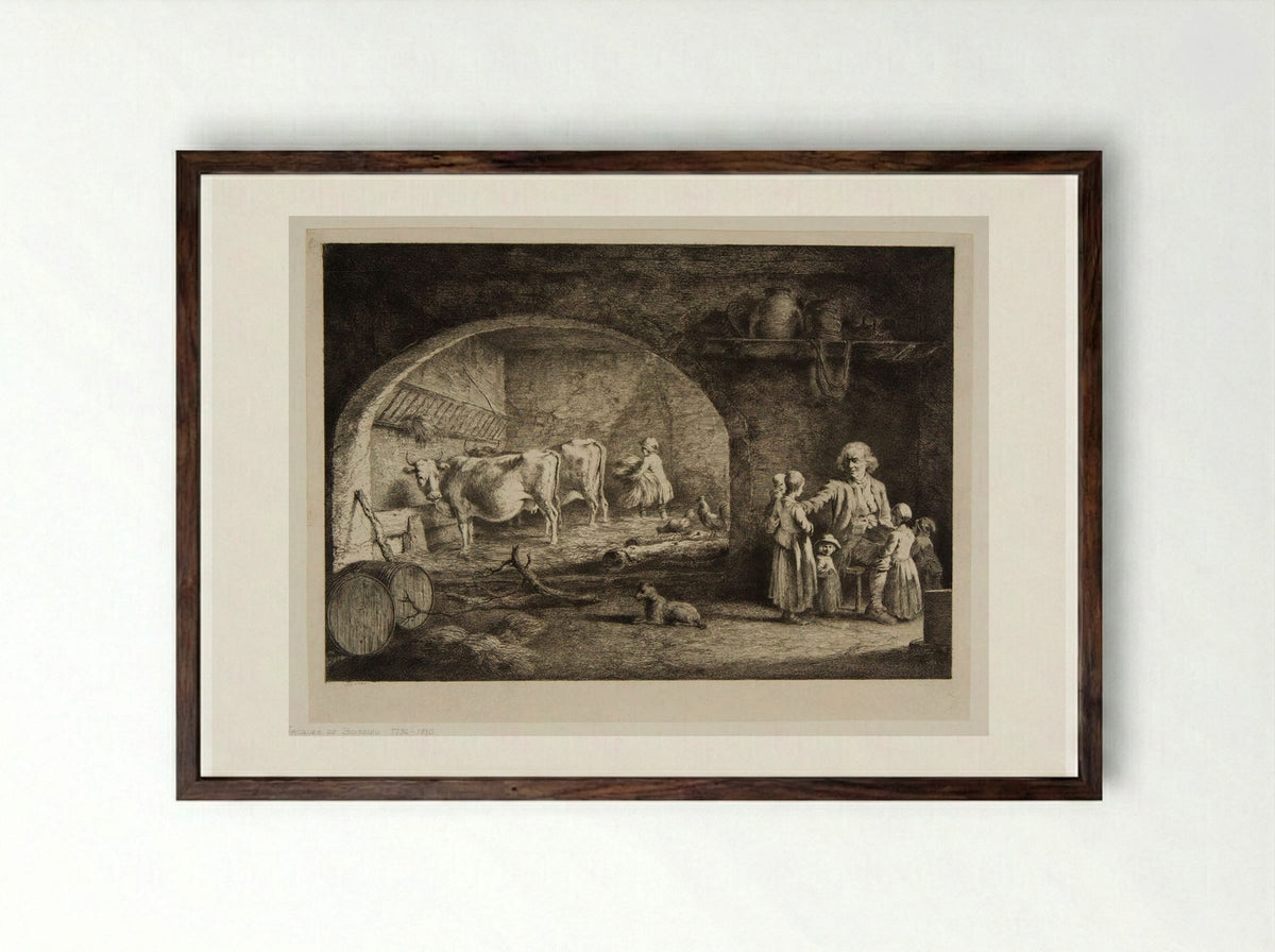 Open Vaulted Cow-House with Two Cows - Jean-Jacques de Boissieu - Framed Print Dark Wood