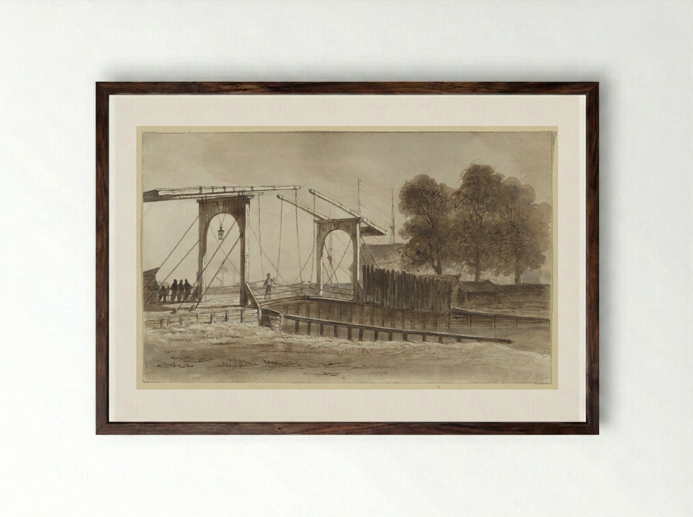 Ophaalbrug bij het Bikkerseiland te Amsterdam - Hendrik Abraham Klinkhamer - Framed Print Dark Wood