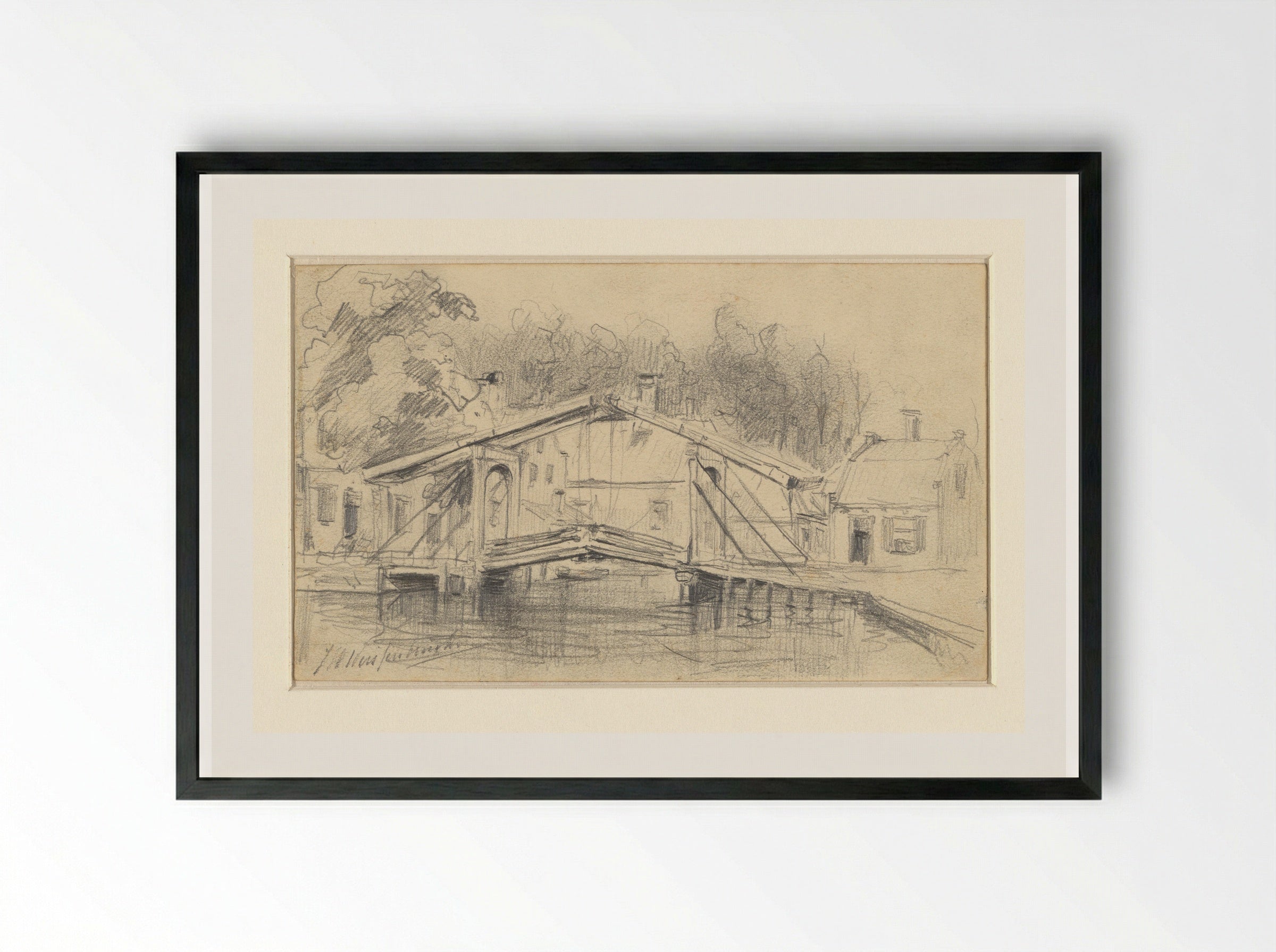 Ophaalbruggetje in een dorp - Johan Hendrik Weissenbruch - Framed Print Black