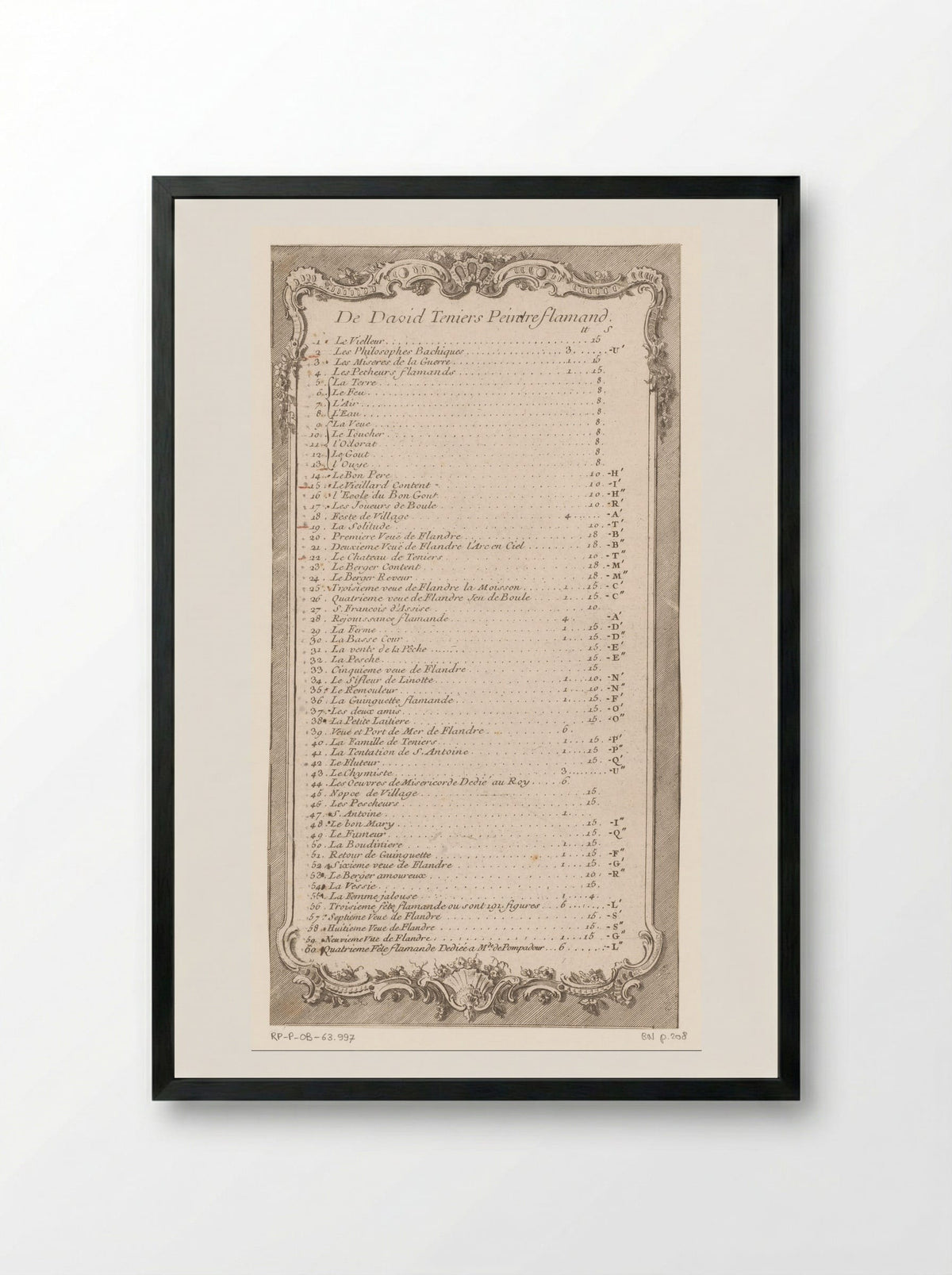 Opsomming van prenten naar Teniers in een ornamentele lijst - Jacques-Philippe Le Bas - Framed Print Black