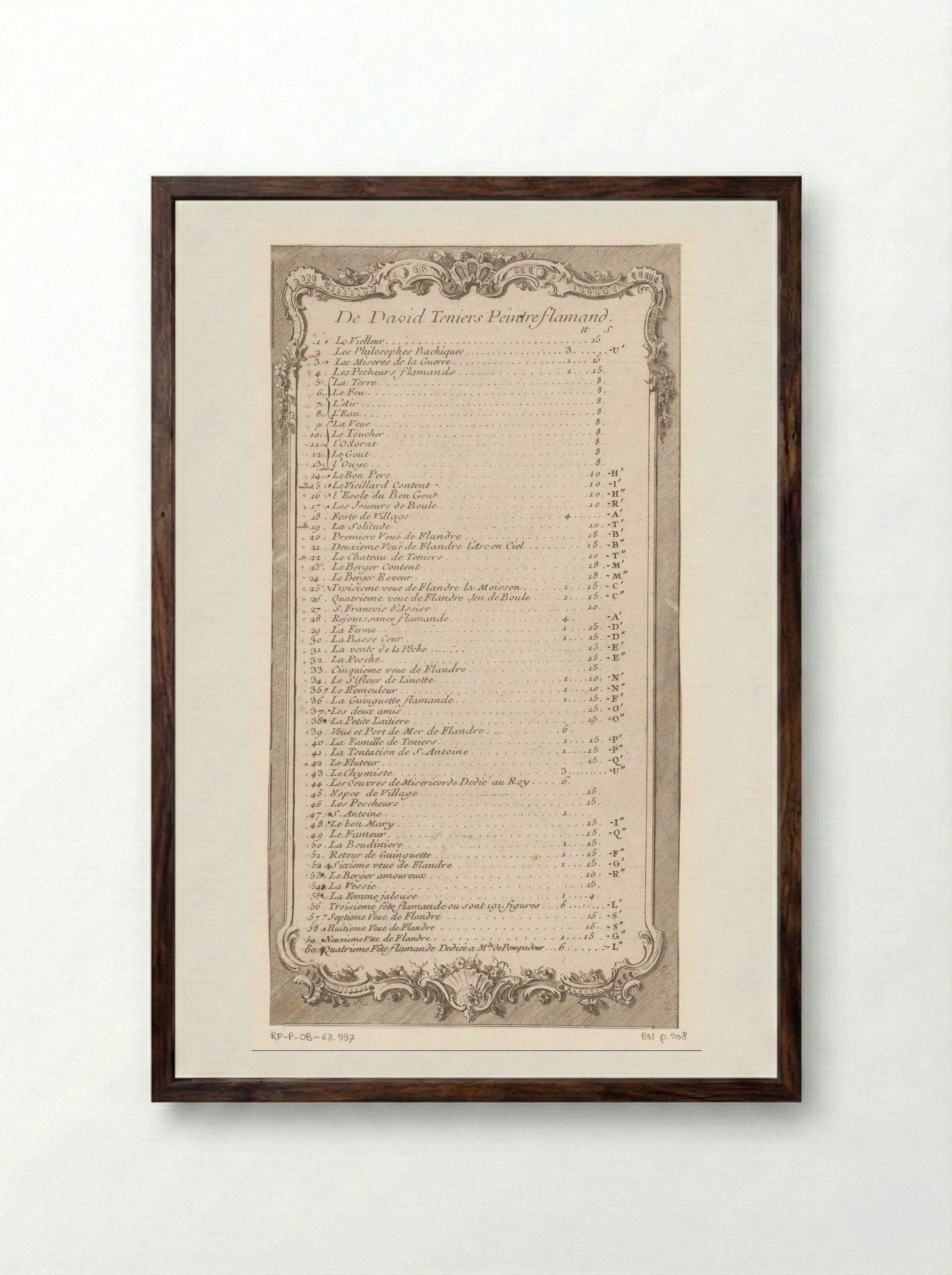 Opsomming van prenten naar Teniers in een ornamentele lijst - Jacques-Philippe Le Bas - Framed Print Dark Wood