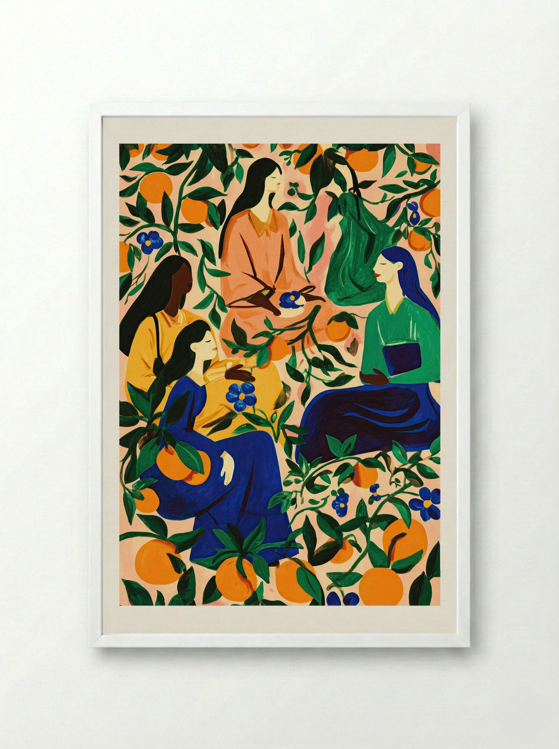 Orange Grove Gathering Botanical Portrait Print - Framed Print White