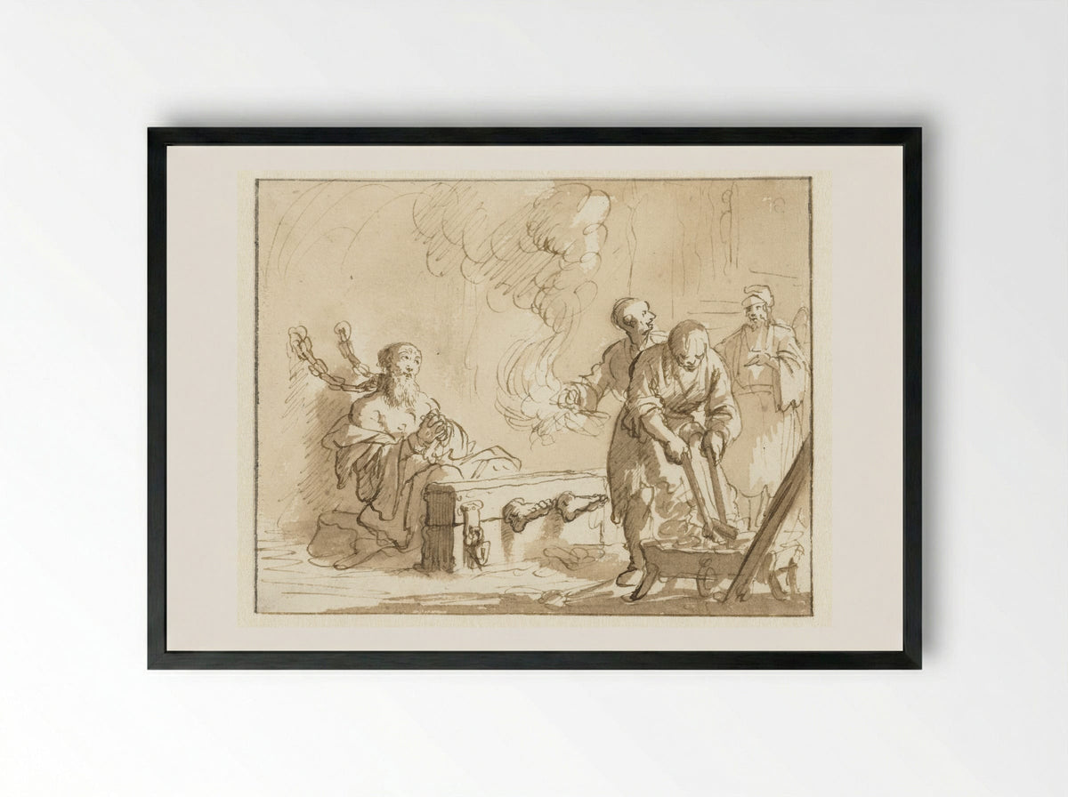 Origenes in de gevangenis met vuur gemarteld - Jan Luyken - Framed Print Black