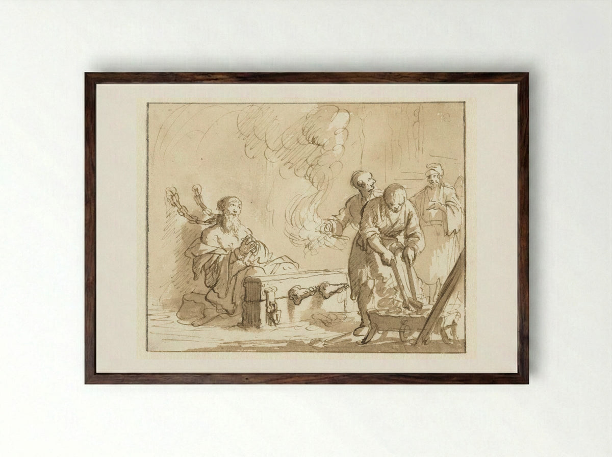 Origenes in de gevangenis met vuur gemarteld - Jan Luyken - Framed Print Dark Wood