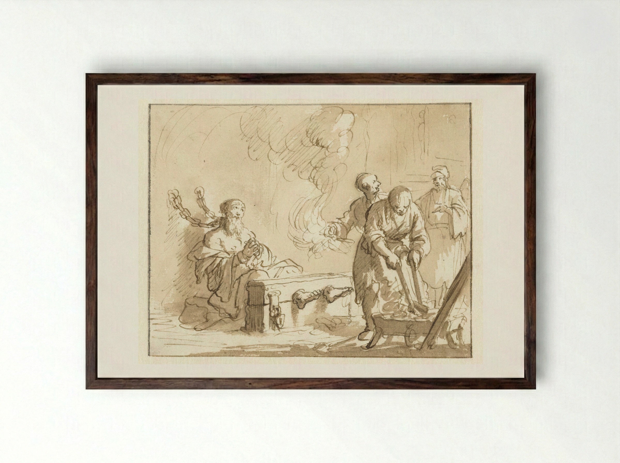 Origenes in de gevangenis met vuur gemarteld - Jan Luyken - Framed Print Dark Wood