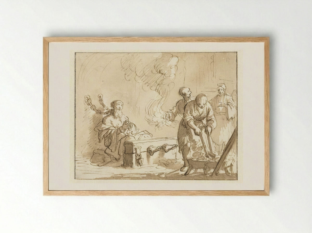 Origenes in de gevangenis met vuur gemarteld - Jan Luyken - Framed Print Wood