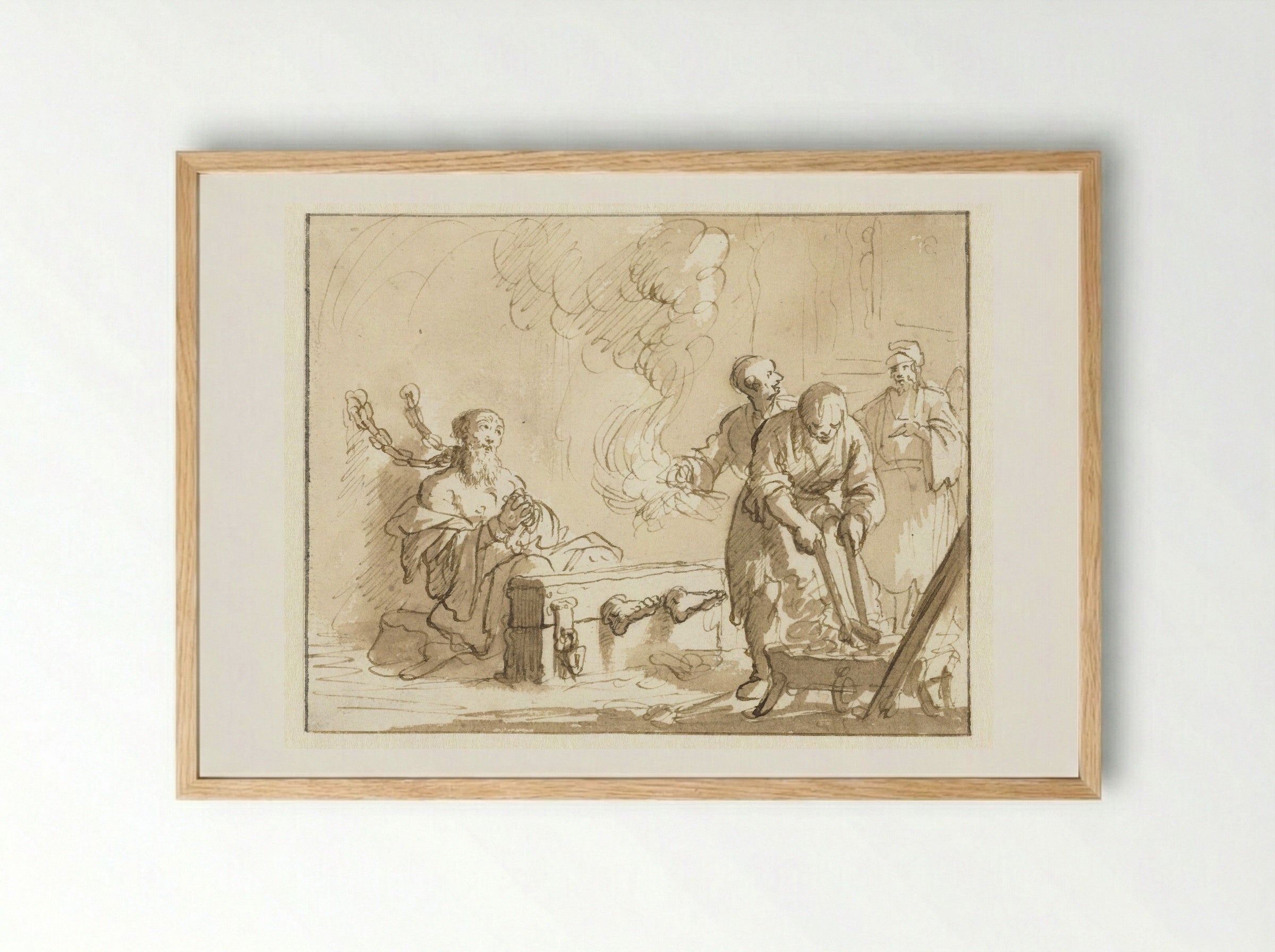 Origenes in de gevangenis met vuur gemarteld - Jan Luyken - Framed Print Wood