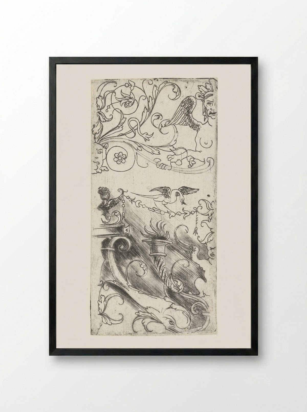 Ornament met brandende fakkel en grotesken - Meester van 1515 - Framed Print Black
