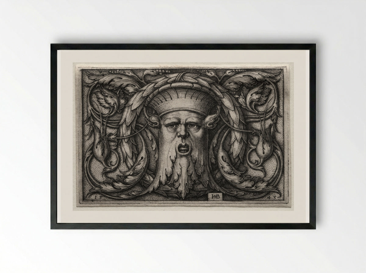 Ornament of Satyr's Head and Wreath - Hans Sebald Beham - Framed Print Black