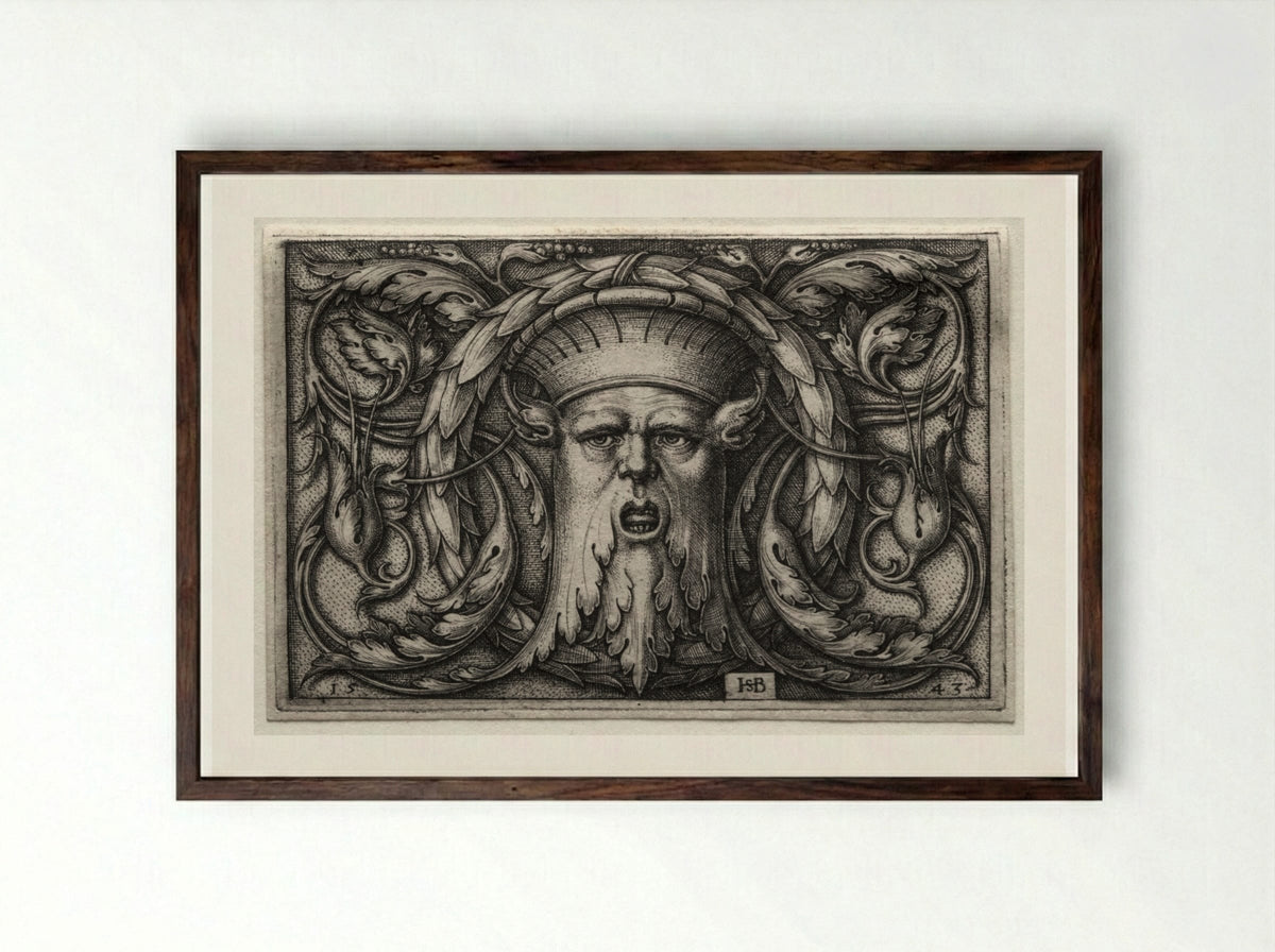 Ornament of Satyr's Head and Wreath - Hans Sebald Beham - Framed Print Dark Wood