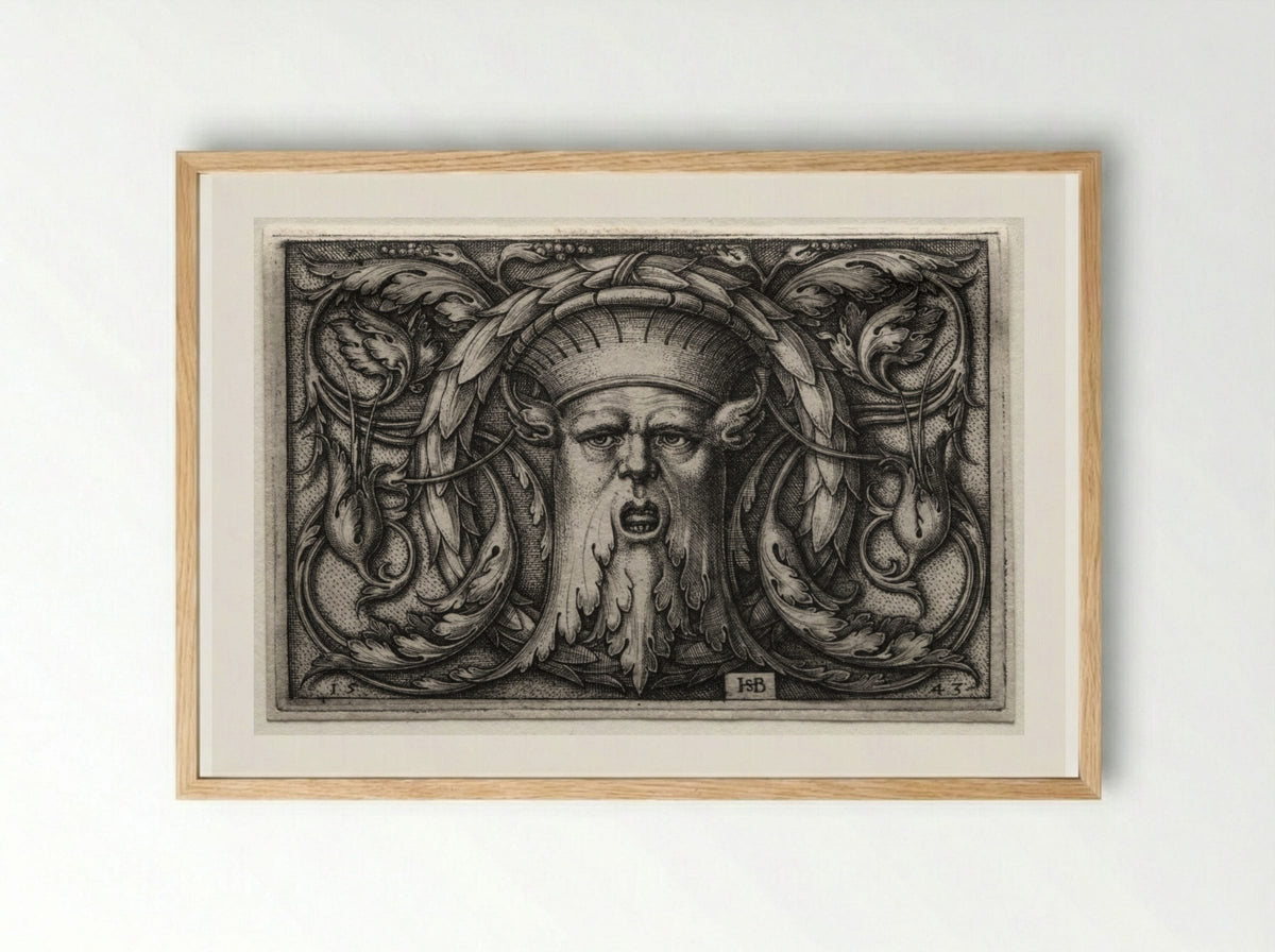 Ornament of Satyr's Head and Wreath - Hans Sebald Beham - Framed Print Wood