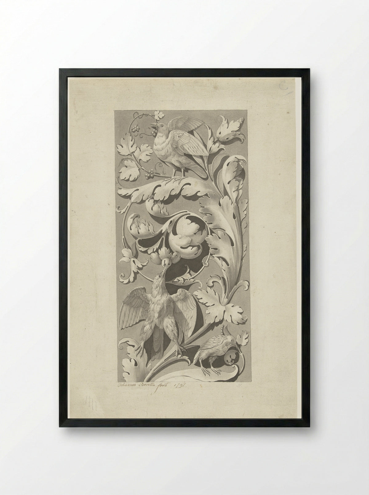 Ornament van bladranken en vogels - Johannes Beretta - Framed Print Black