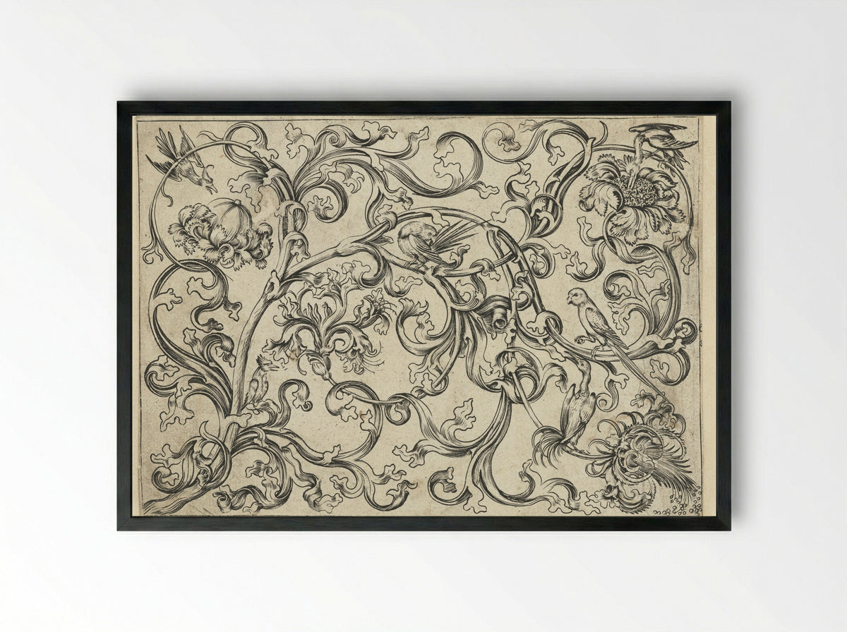 Ornament with Foliage, Parrots and Other Birds - Meester FVB - Framed Print Black