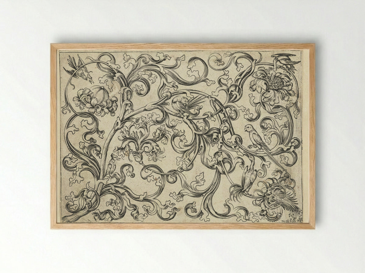 Ornament with Foliage, Parrots and Other Birds - Meester FVB - Framed Print Wood