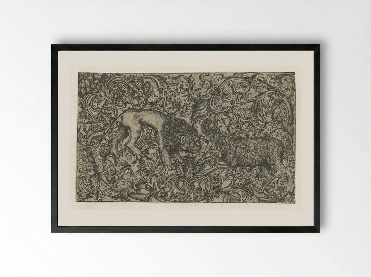 Ornament with Lion and Ram - Monogrammist HW - Framed Print Black