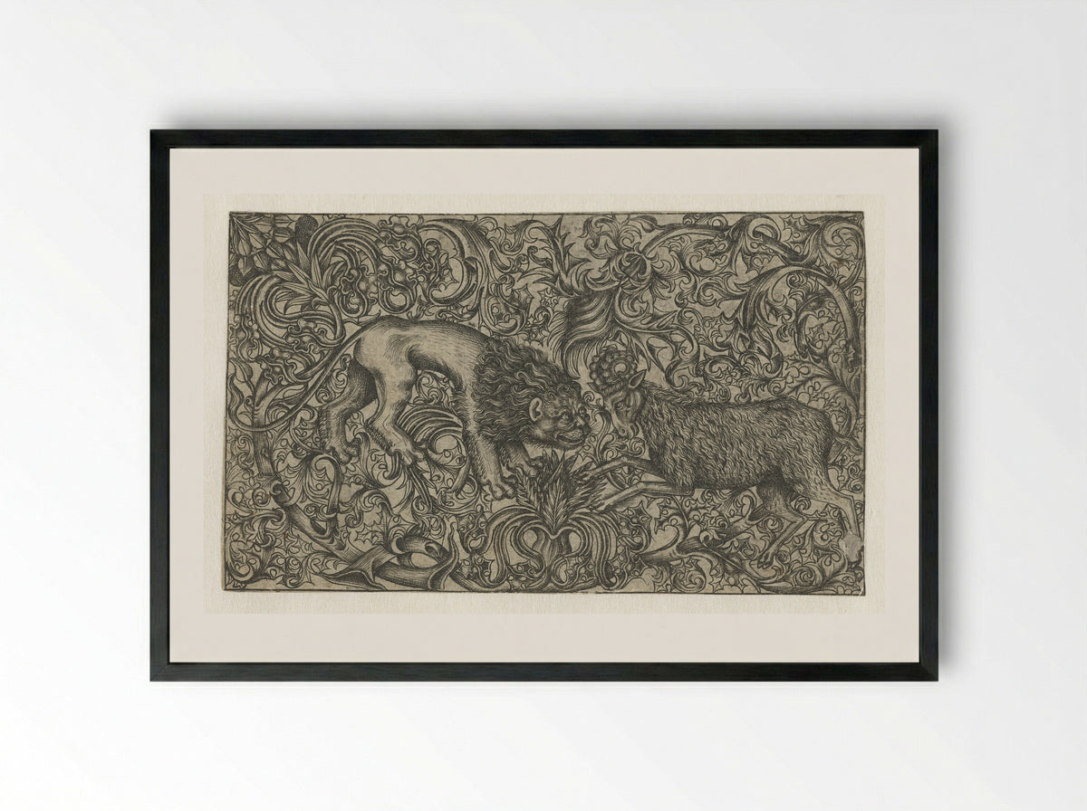 Ornament with Lion and Ram - Monogrammist HW - Framed Print Black