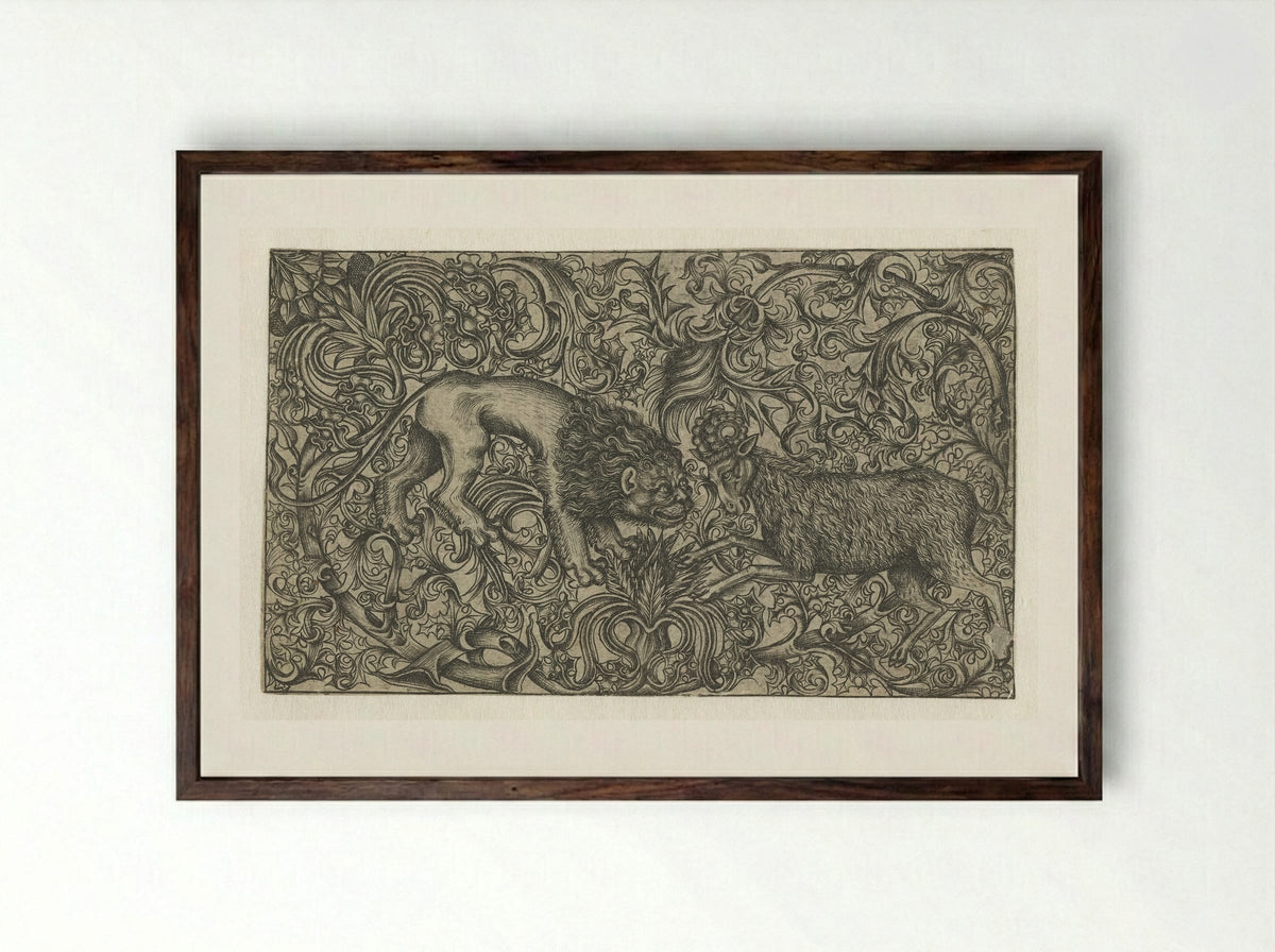 Ornament with Lion and Ram - Monogrammist HW - Framed Print Dark Wood