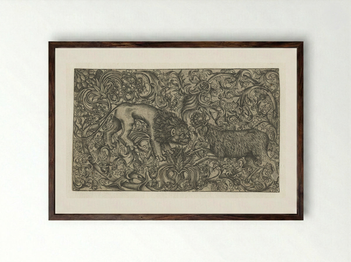 Ornament with Lion and Ram - Monogrammist HW - Framed Print Dark Wood