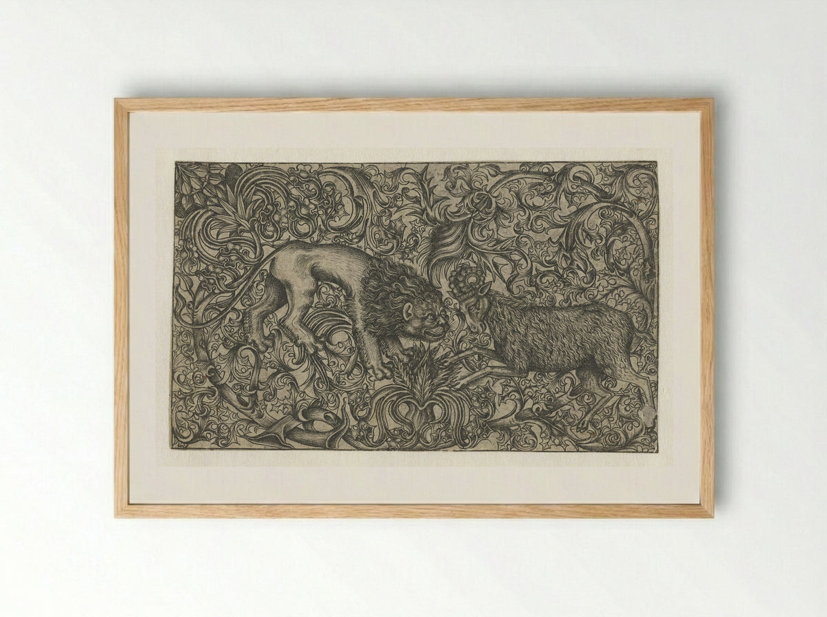 Ornament with Lion and Ram - Monogrammist HW - Framed Print Wood