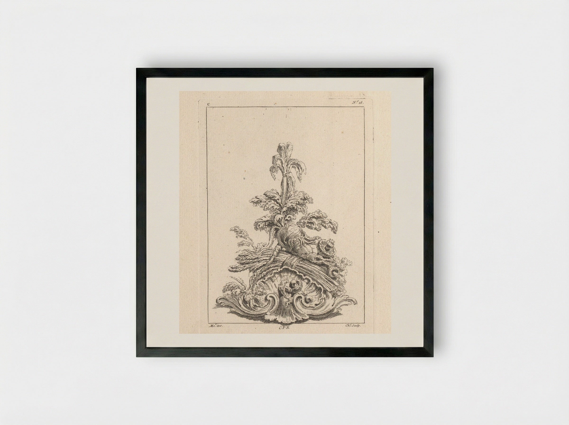 Ornament with Root Vegetables and Mushrooms on an Ornamental Shell - Gabriel Huquier - Framed Print Black