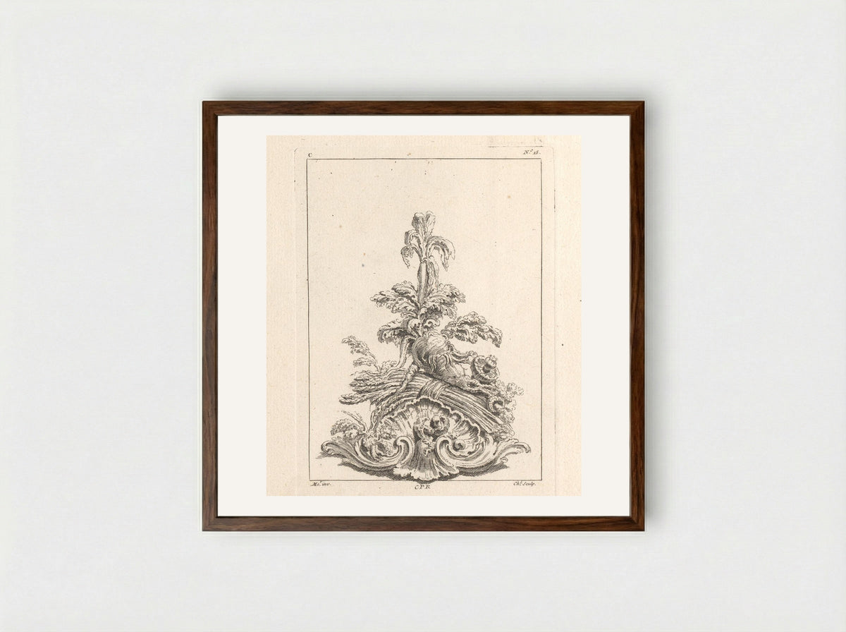 Ornament with Root Vegetables and Mushrooms on an Ornamental Shell - Gabriel Huquier - Framed Print Dark Wood