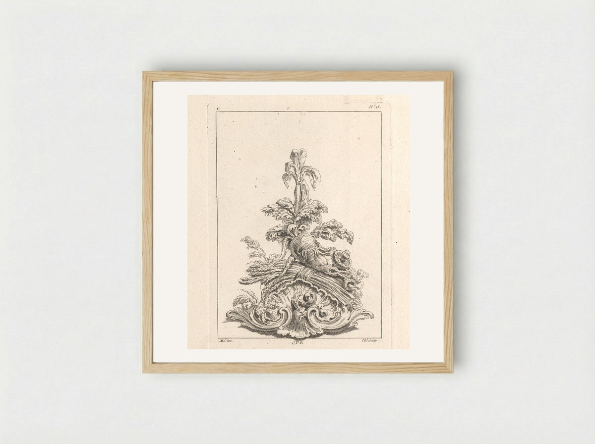 Ornament with Root Vegetables and Mushrooms on an Ornamental Shell - Gabriel Huquier - Framed Print Wood