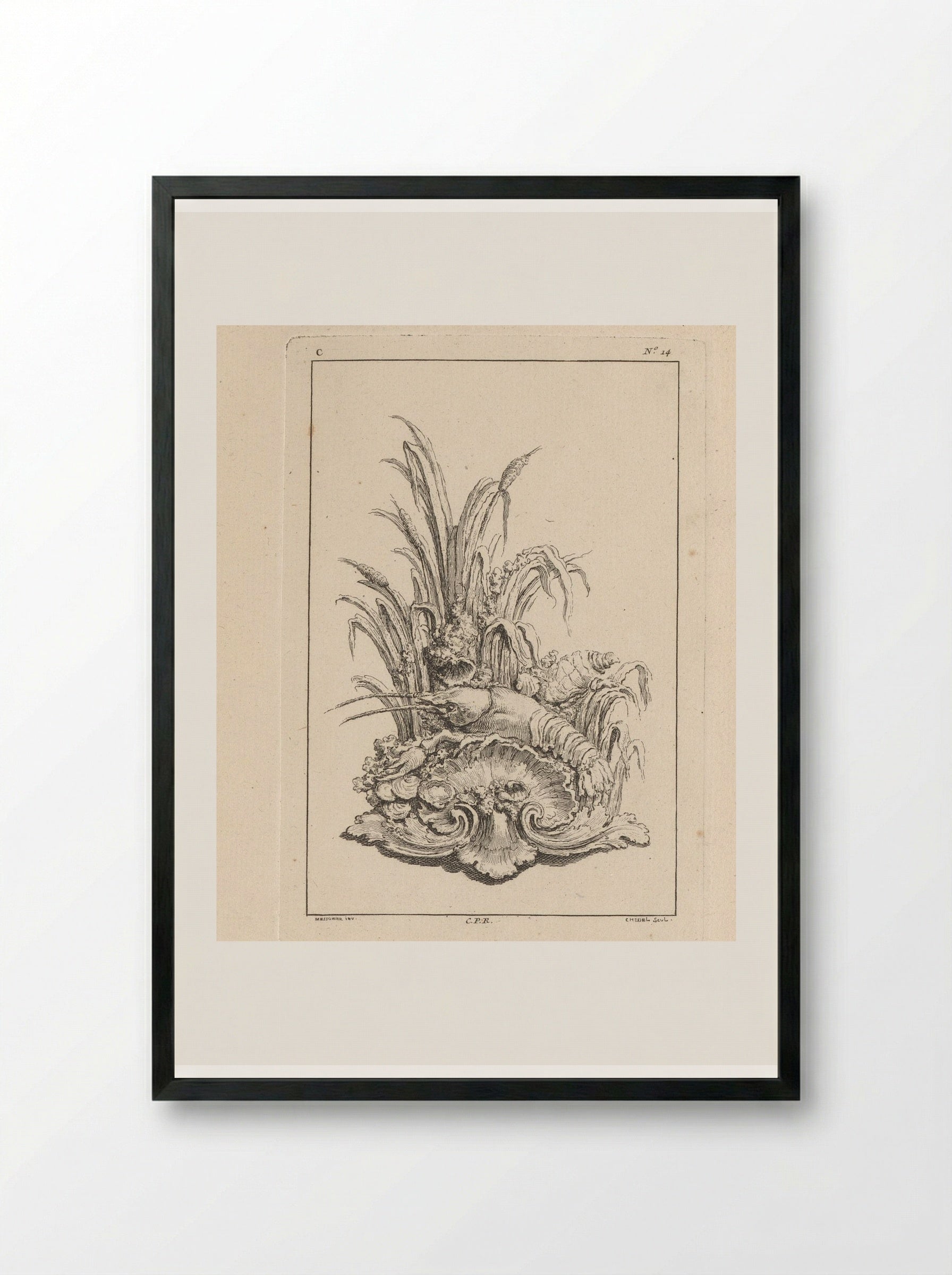 Ornament with Shell, Crayfish and Oysters - Gabriel Huquier - Framed Print Black