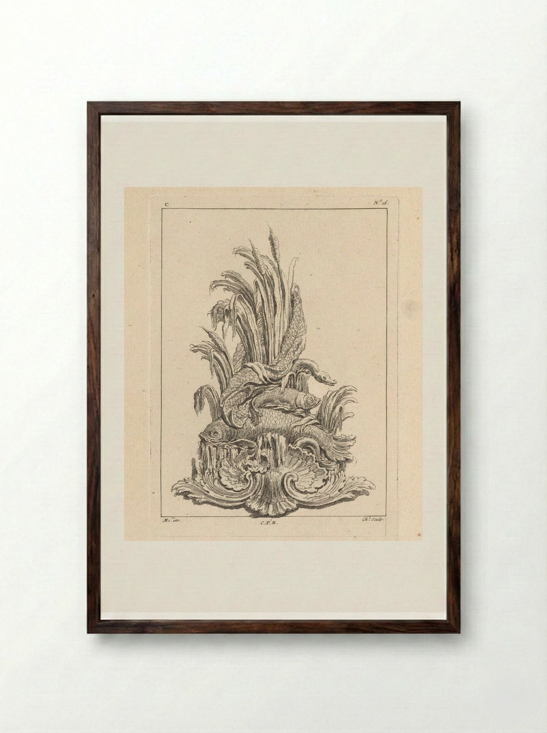 Ornament with Shell, Fish, Water Snake, Net and Reeds - Gabriel Huquier - Framed Print Dark Wood