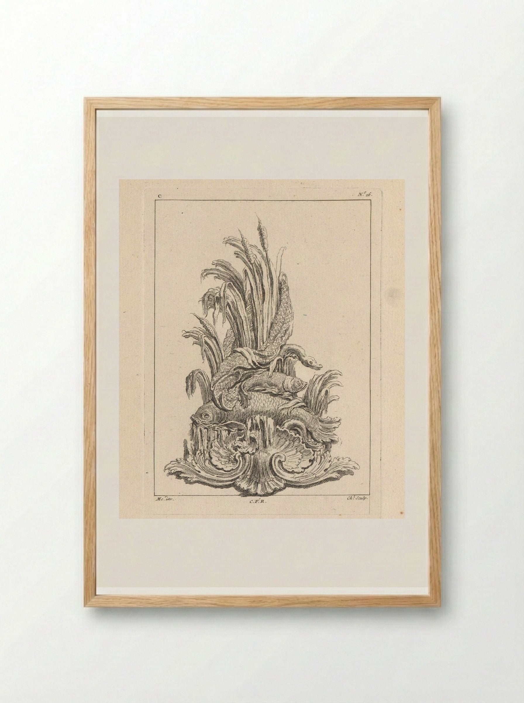 Ornament with Shell, Fish, Water Snake, Net and Reeds - Gabriel Huquier - Framed Print Wood