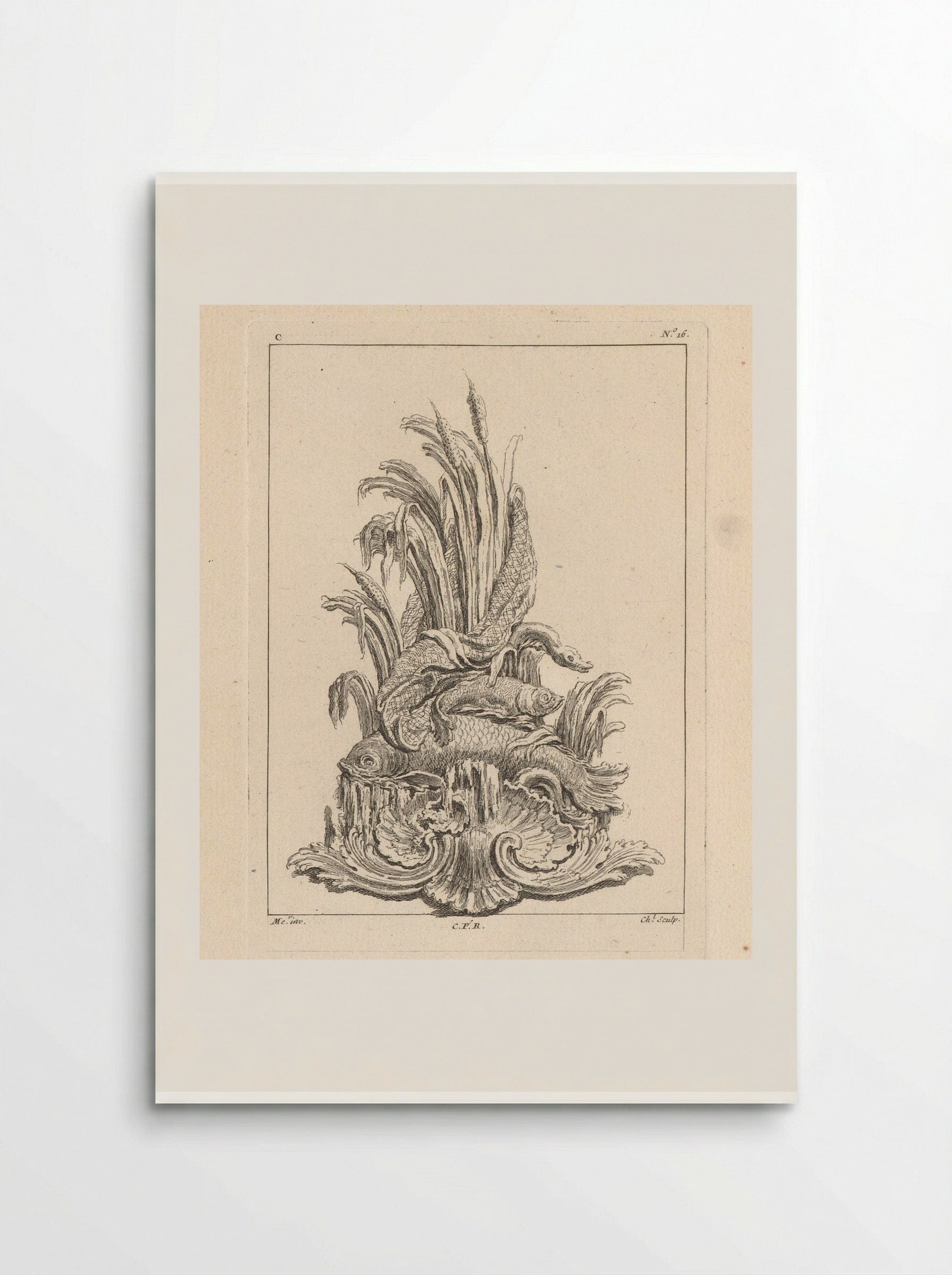 Ornament with Shell, Fish, Water Snake, Net and Reeds - Gabriel Huquier - Poster