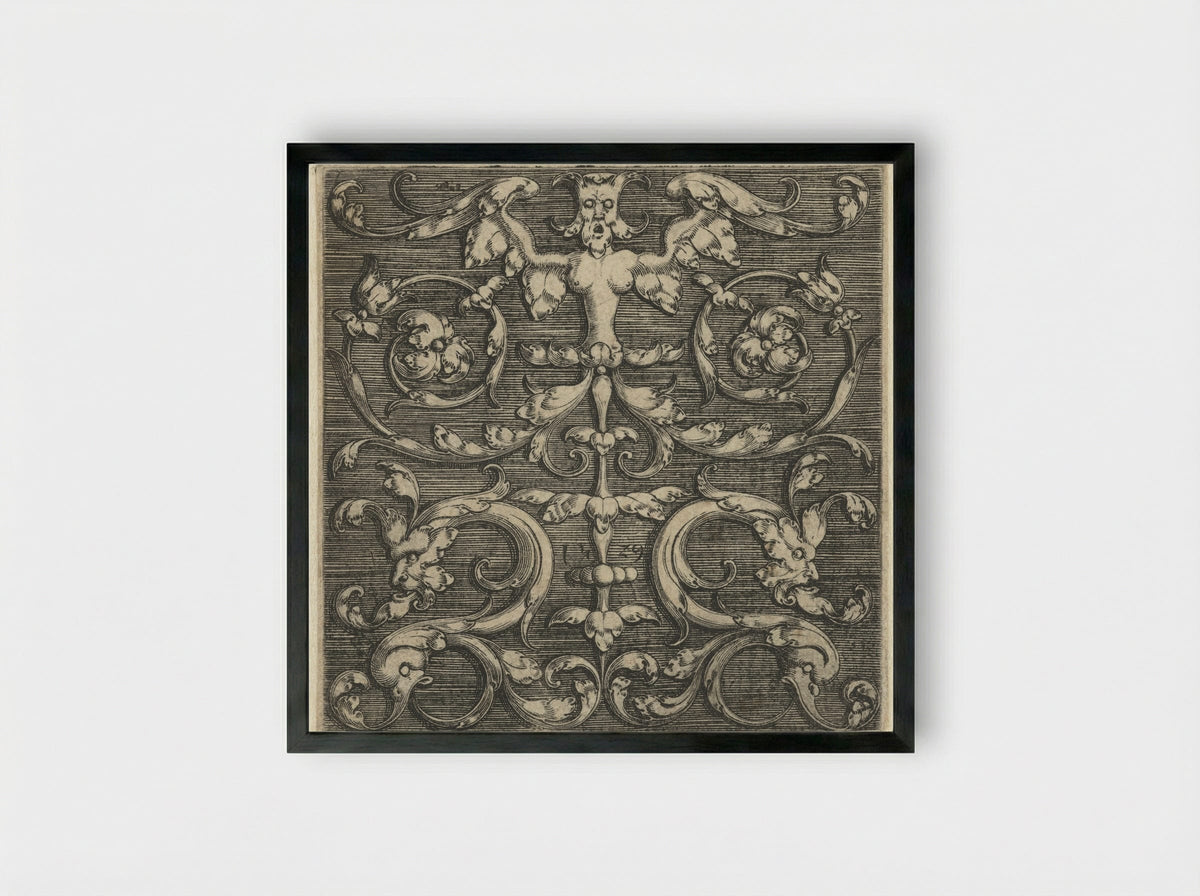 Ornament with Symmetrical Winged Figure - Monogrammist IG - Framed Print Black