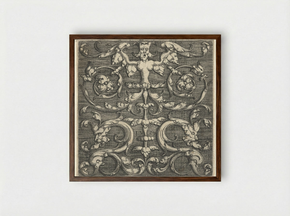 Ornament with Symmetrical Winged Figure - Monogrammist IG - Framed Print Dark Wood
