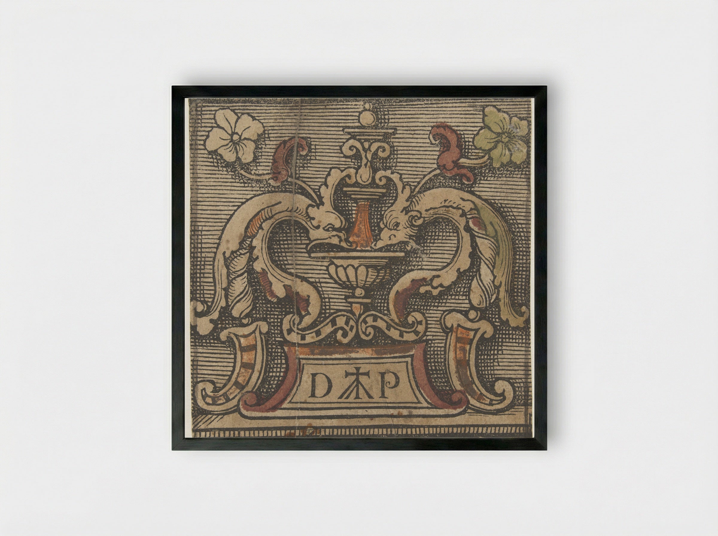 Ornamental Design with Dolphins and Monogram - Doen Pietersz. - Framed Print Black