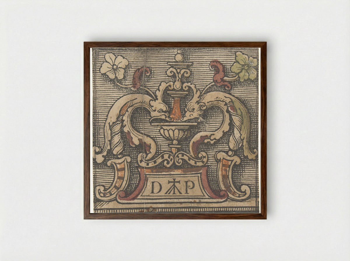 Ornamental Design with Dolphins and Monogram - Doen Pietersz. - Framed Print Dark Wood
