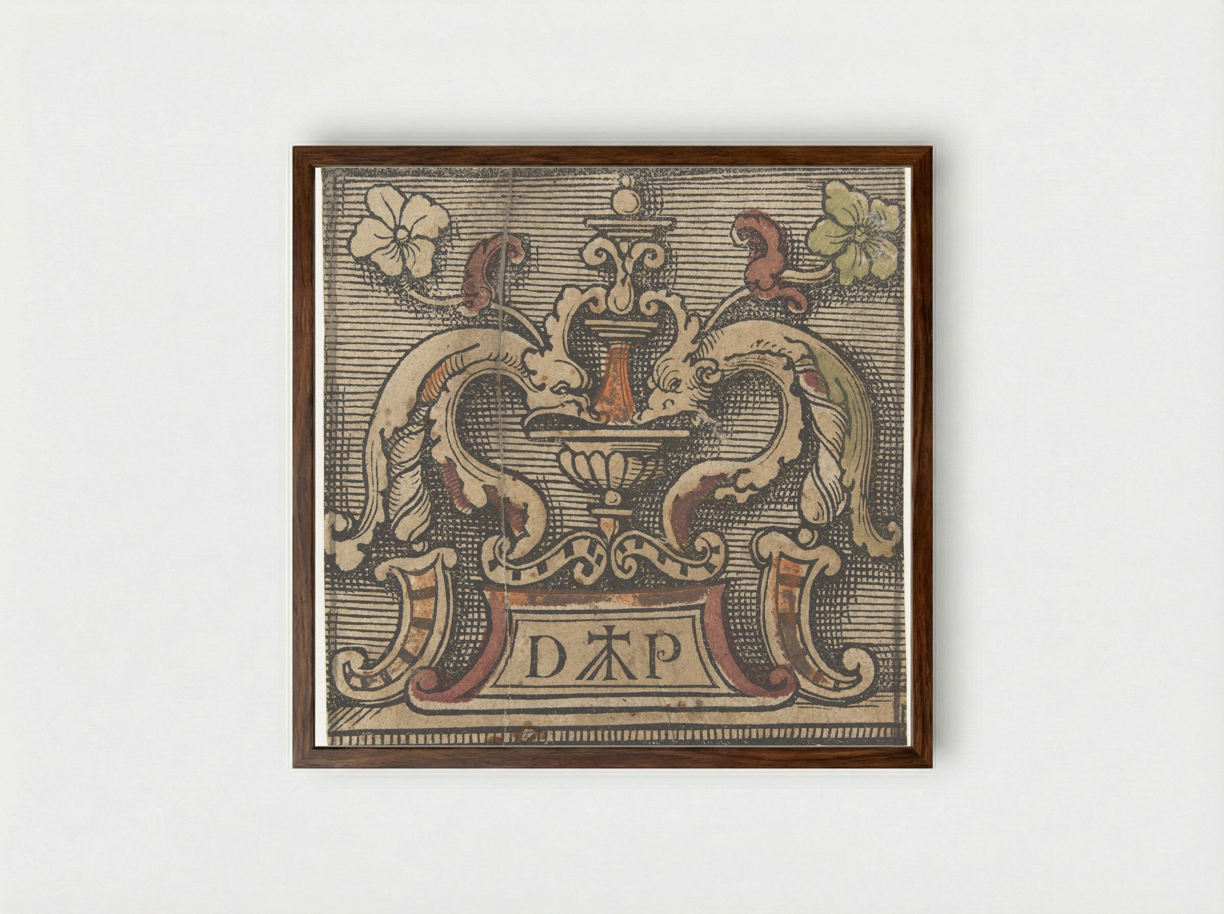 Ornamental Design with Dolphins and Monogram - Doen Pietersz. - Framed Print Dark Wood