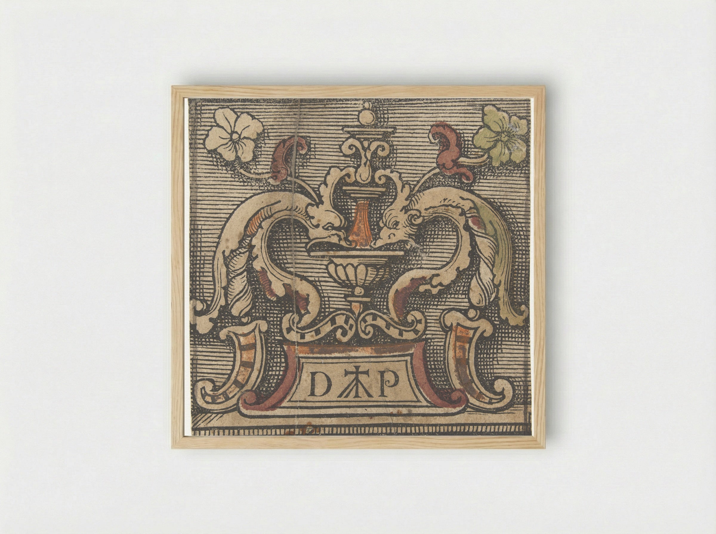 Ornamental Design with Dolphins and Monogram - Doen Pietersz. - Framed Print Wood