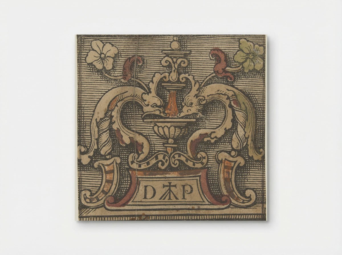 Ornamental Design with Dolphins and Monogram - Doen Pietersz. - Poster