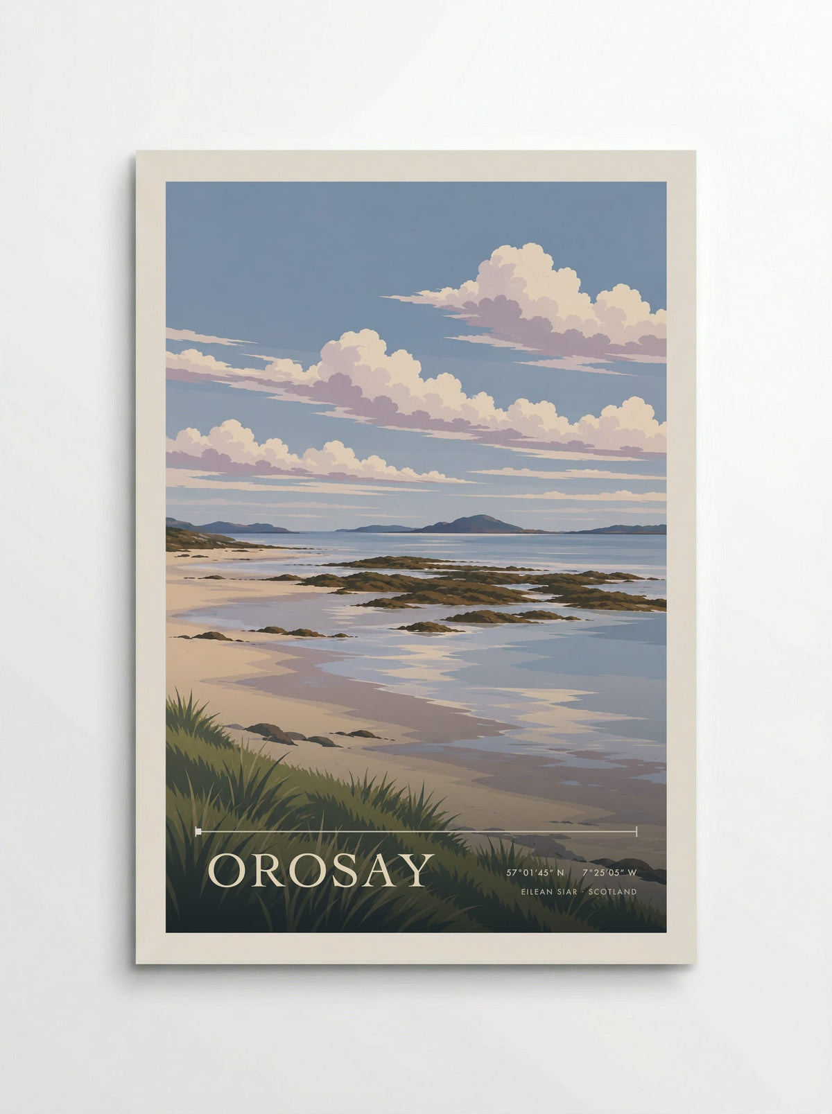 Orosay, Eilean Siar travel poster: low distant hills below soft clouds in the Outer Hebrides