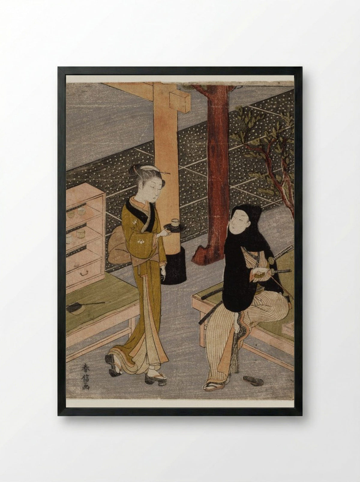 Osen Waiting on a Young Samurai - Suzuki Harunobu - Framed Print Black