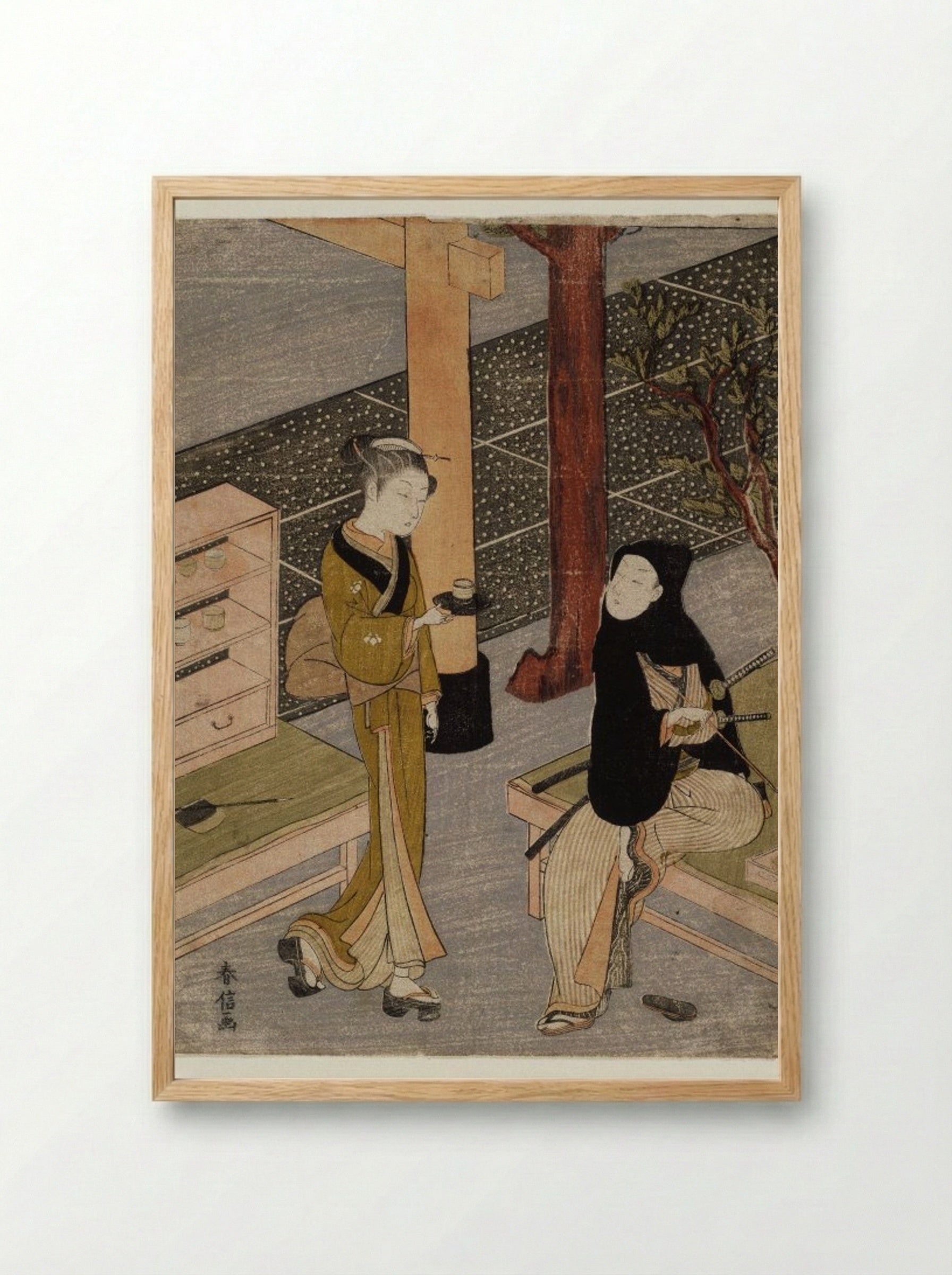Osen Waiting on a Young Samurai - Suzuki Harunobu - Framed Print Wood